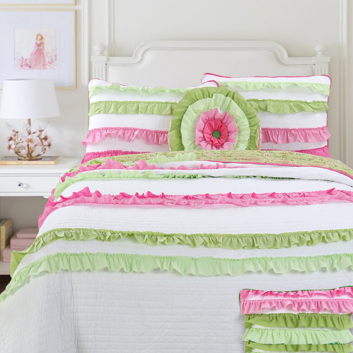 Pink Green Chic Ruffle Girl Cotton Reversible Quilt Bedding Set