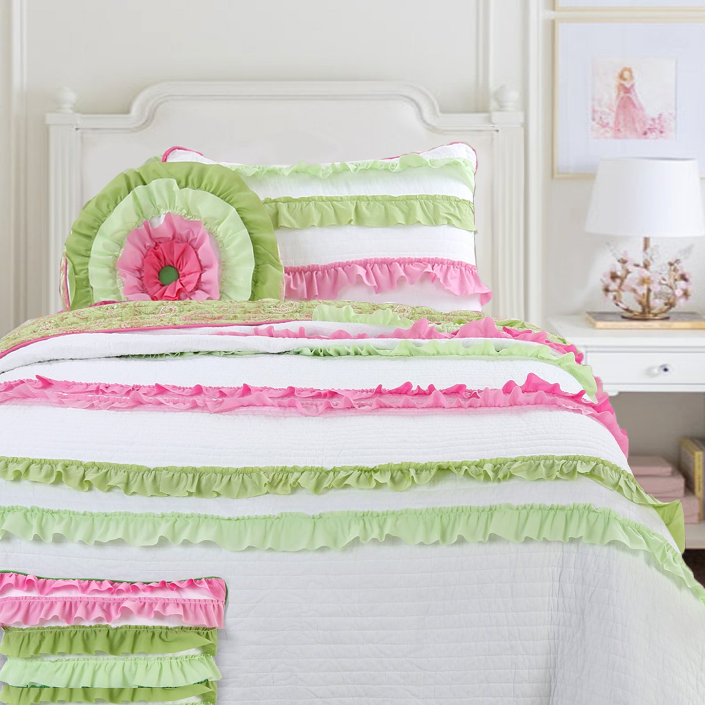 Pink Green Chic Ruffle Girl Cotton Reversible Quilt Bedding Set