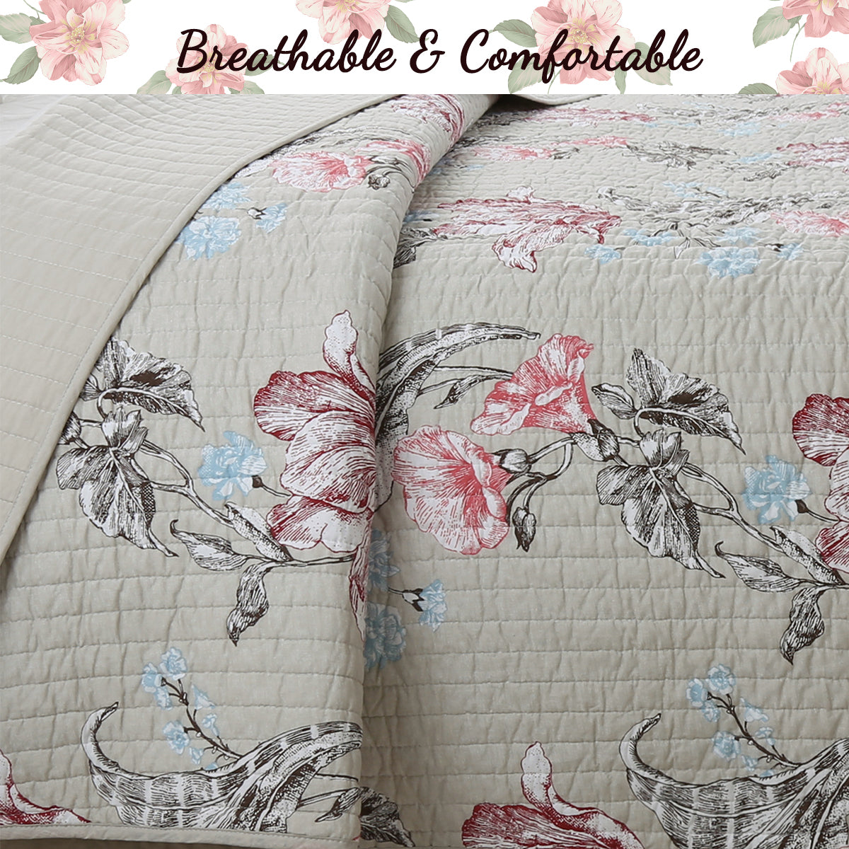 Modern Blooming Floral 3-Piece Reversible Quilt Bedding Set