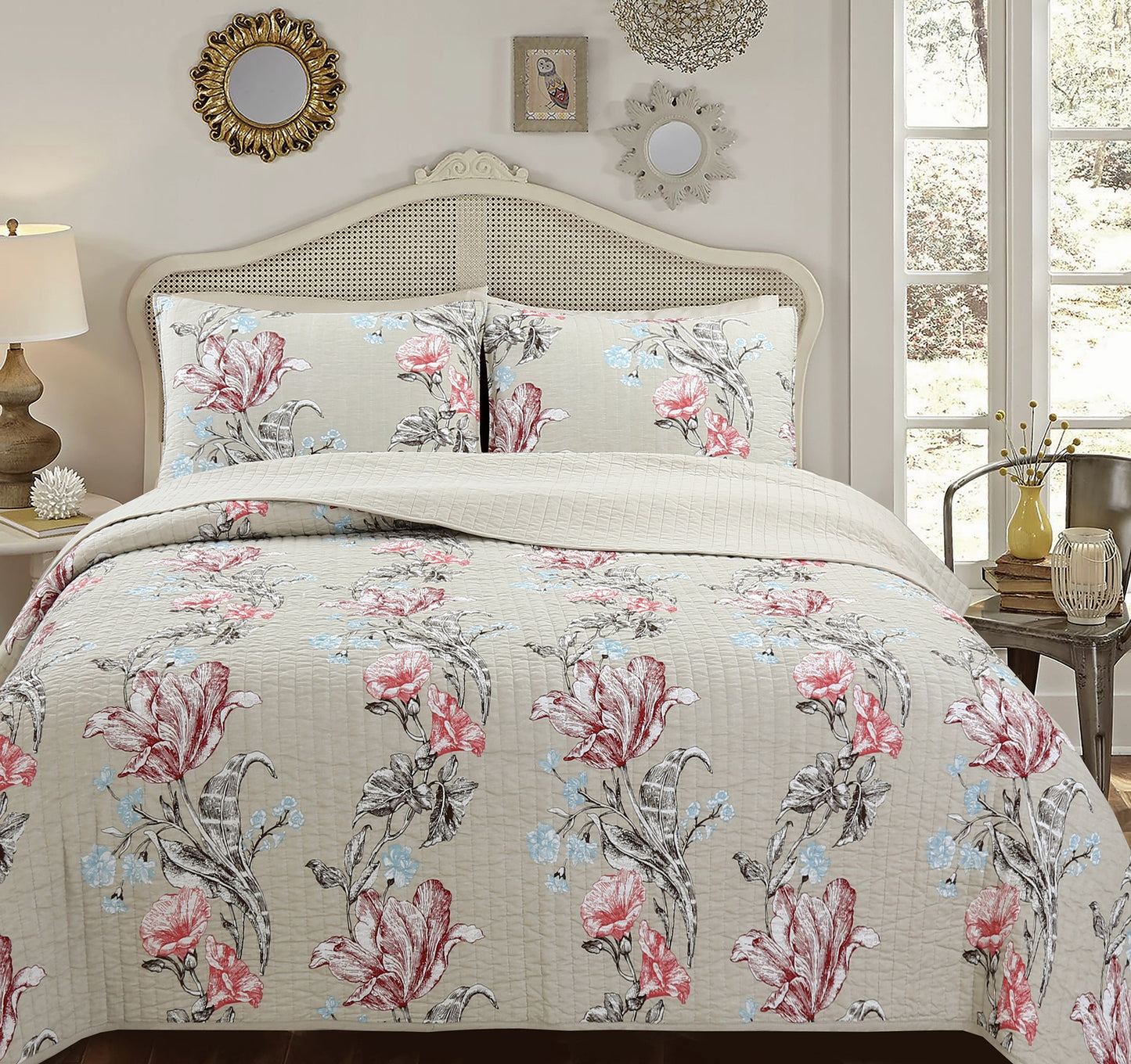 Modern Blooming Floral 3-Piece Reversible Quilt Bedding Set