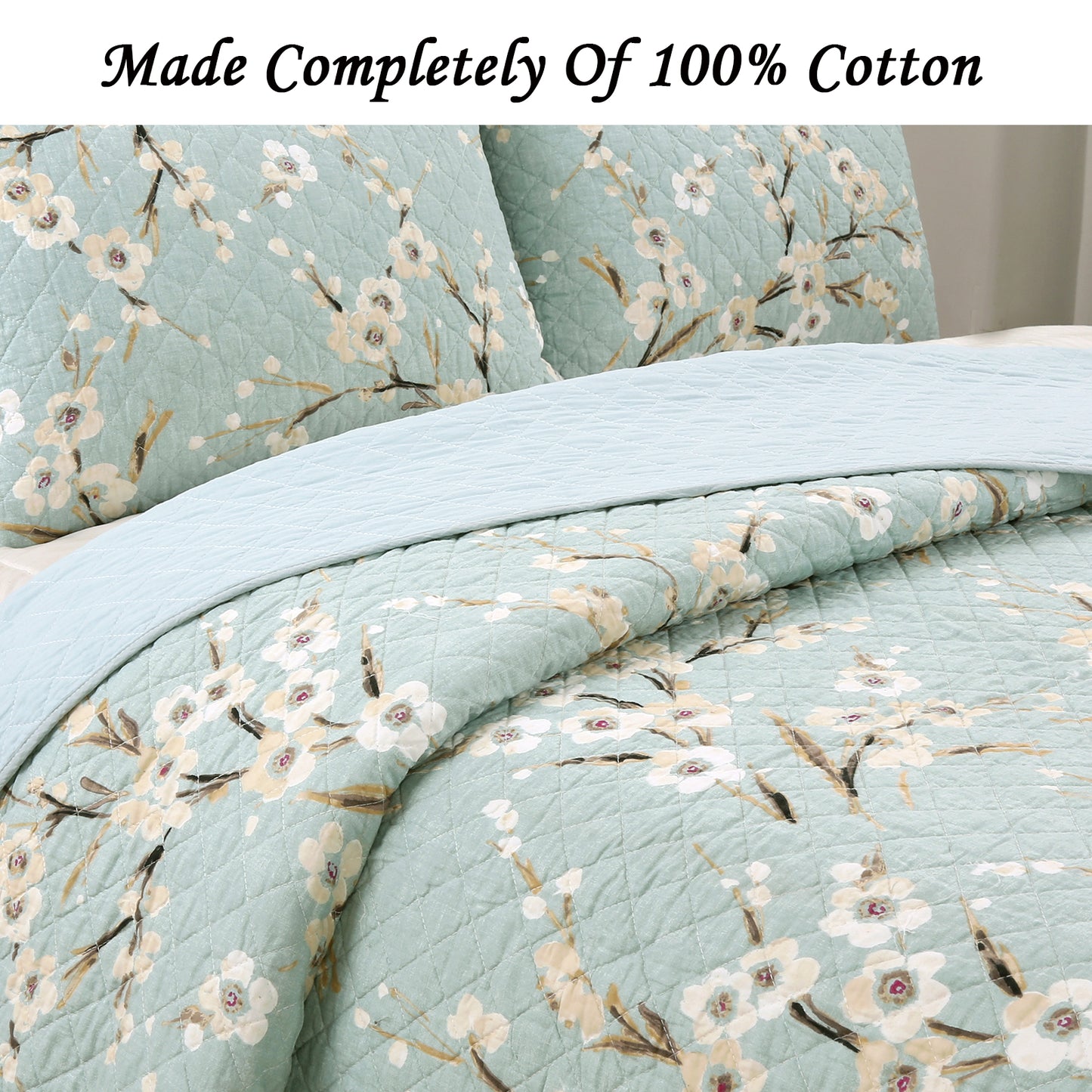 Cream Cherry Blossom Floral Cyan Blue Green 3-Piece Reversible Quilt Bedding Set