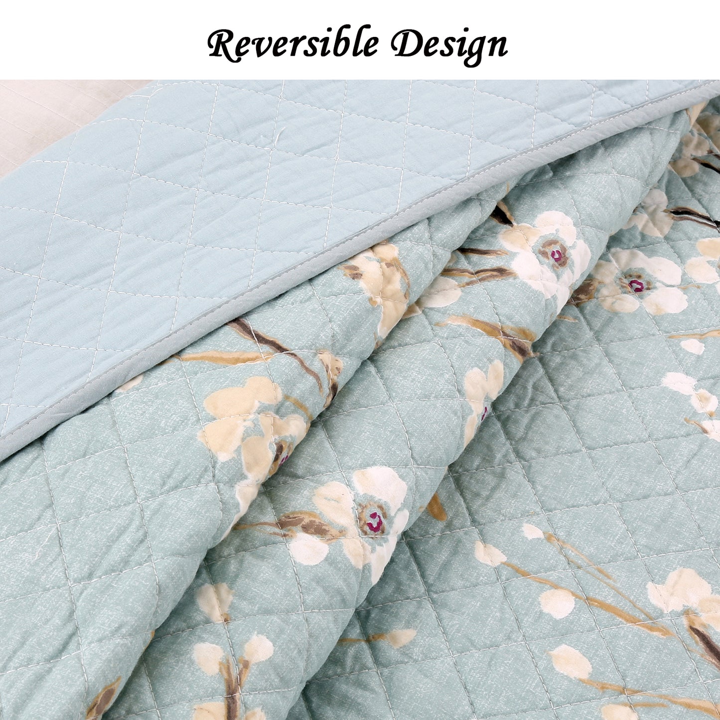 Cream Cherry Blossom Floral Cyan Blue Green 3-Piece Reversible Quilt Bedding Set