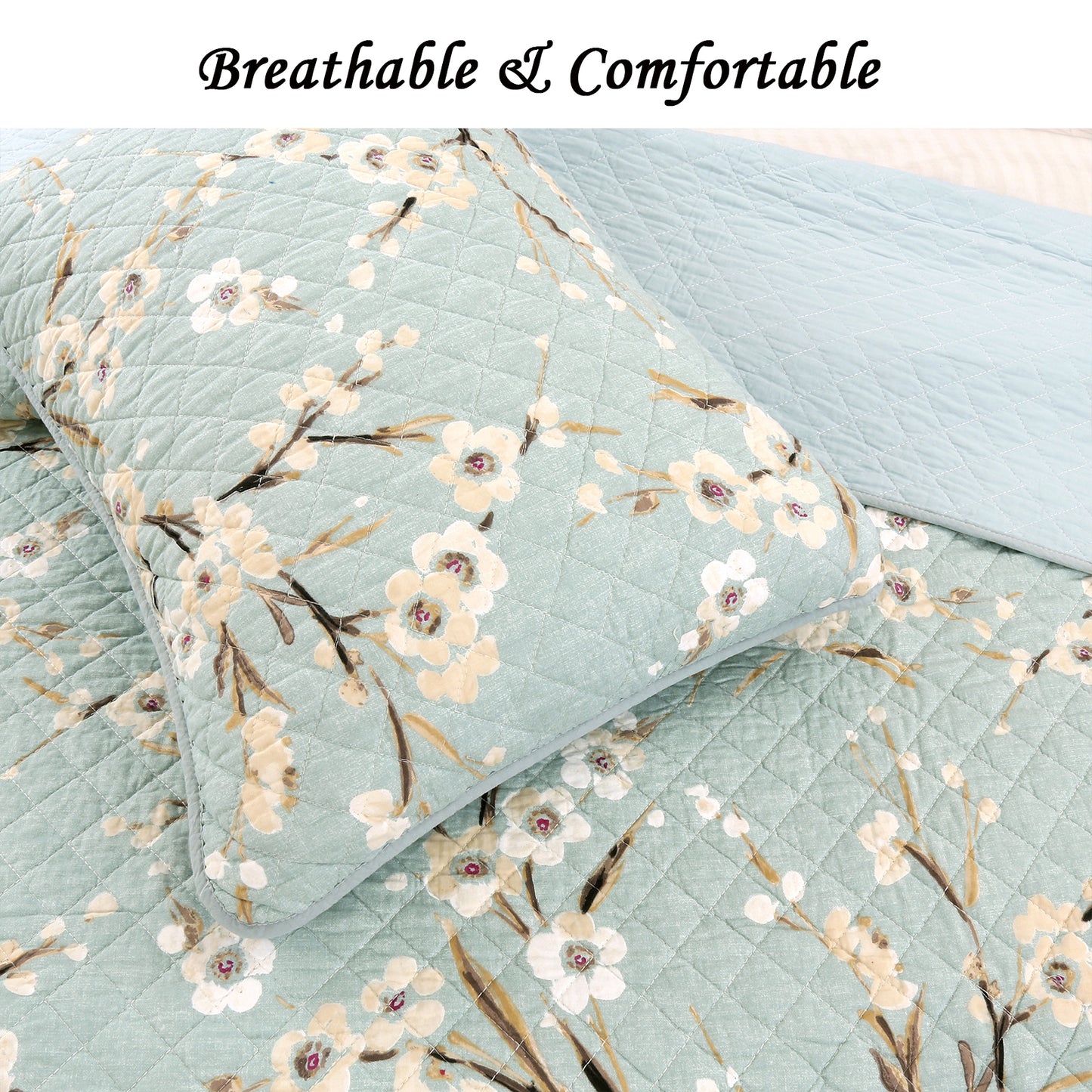 Cream Cherry Blossom Floral Cyan Blue Green 3-Piece Reversible Quilt Bedding Set