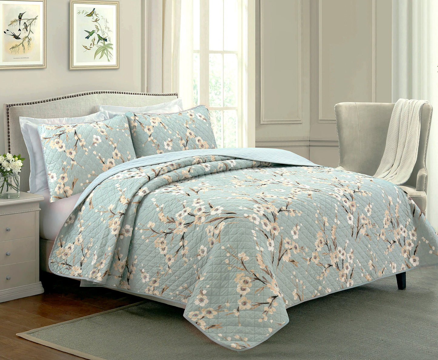 Cream Cherry Blossom Floral Cyan Blue Green 3-Piece Reversible Quilt Bedding Set