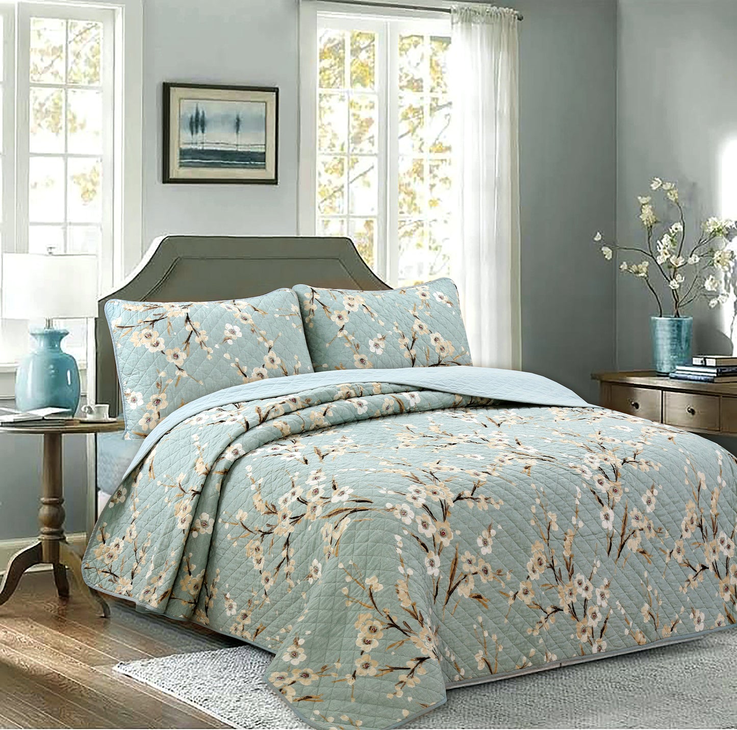 Cream Cherry Blossom Floral Cyan Blue Green 3-Piece Reversible Quilt B –  Cozy Line Home Fashions
