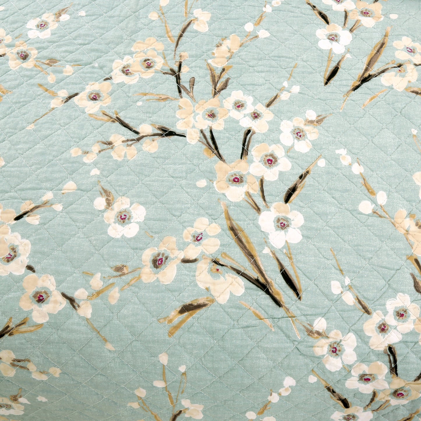 Cream Cherry Blossom Floral Cyan Blue Green 3-Piece Reversible Quilt Bedding Set