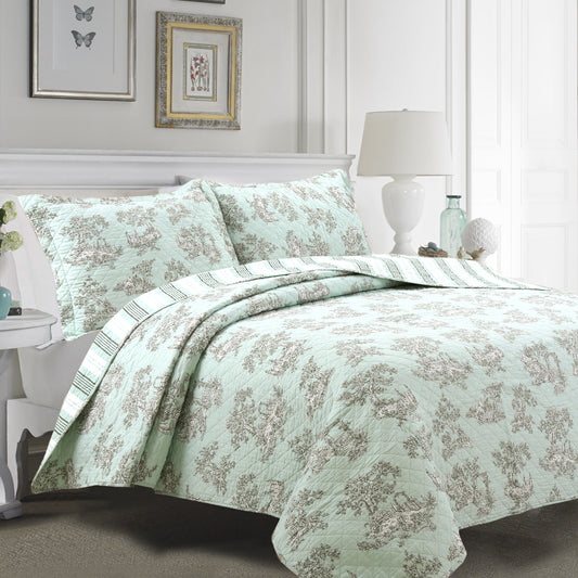 Cottage Garden Floral Toile Mint Green 3-Piece Cotton Reversible Quilt Bedding Set