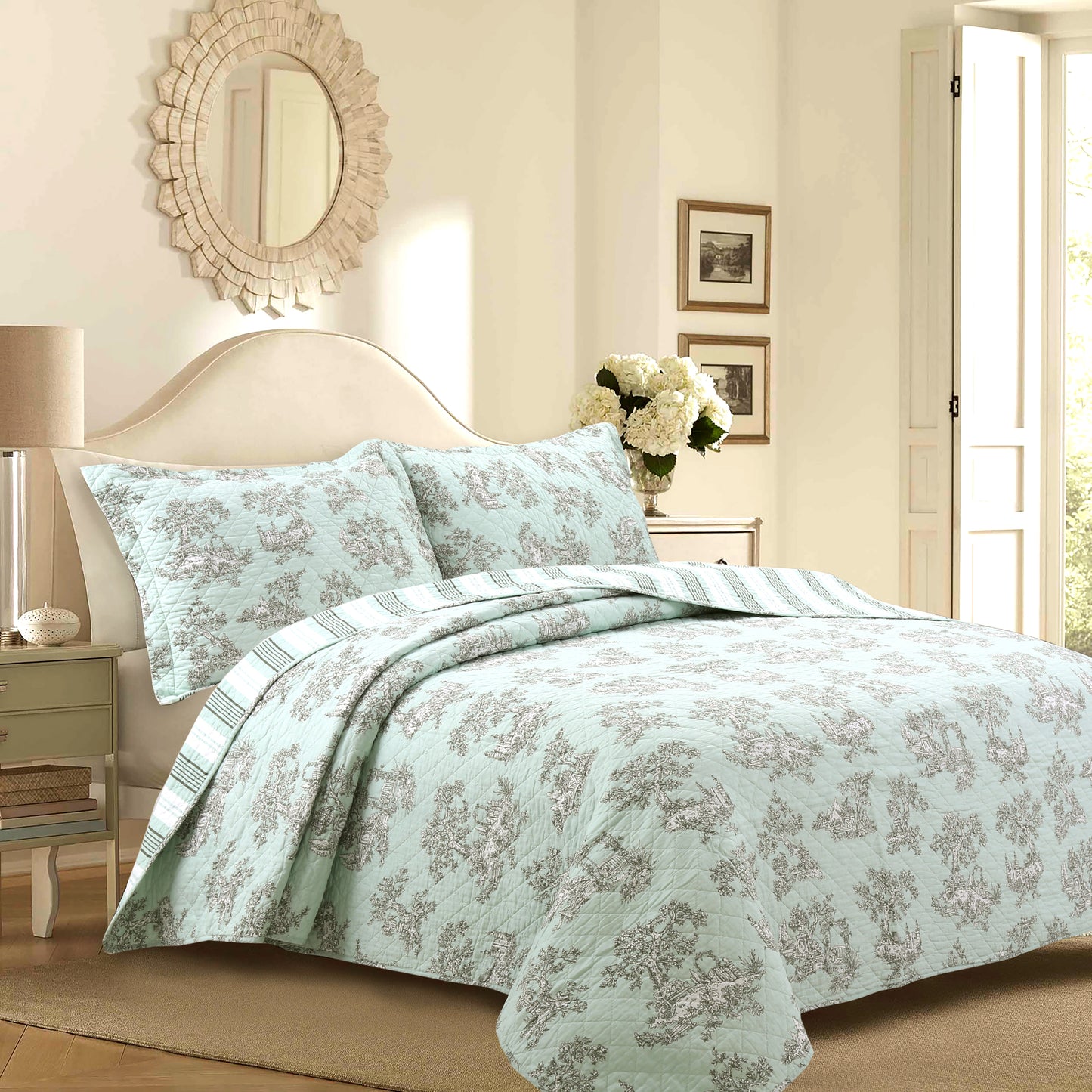 Cottage Garden Floral Toile Mint Green 3-Piece Cotton Reversible Quilt Bedding Set