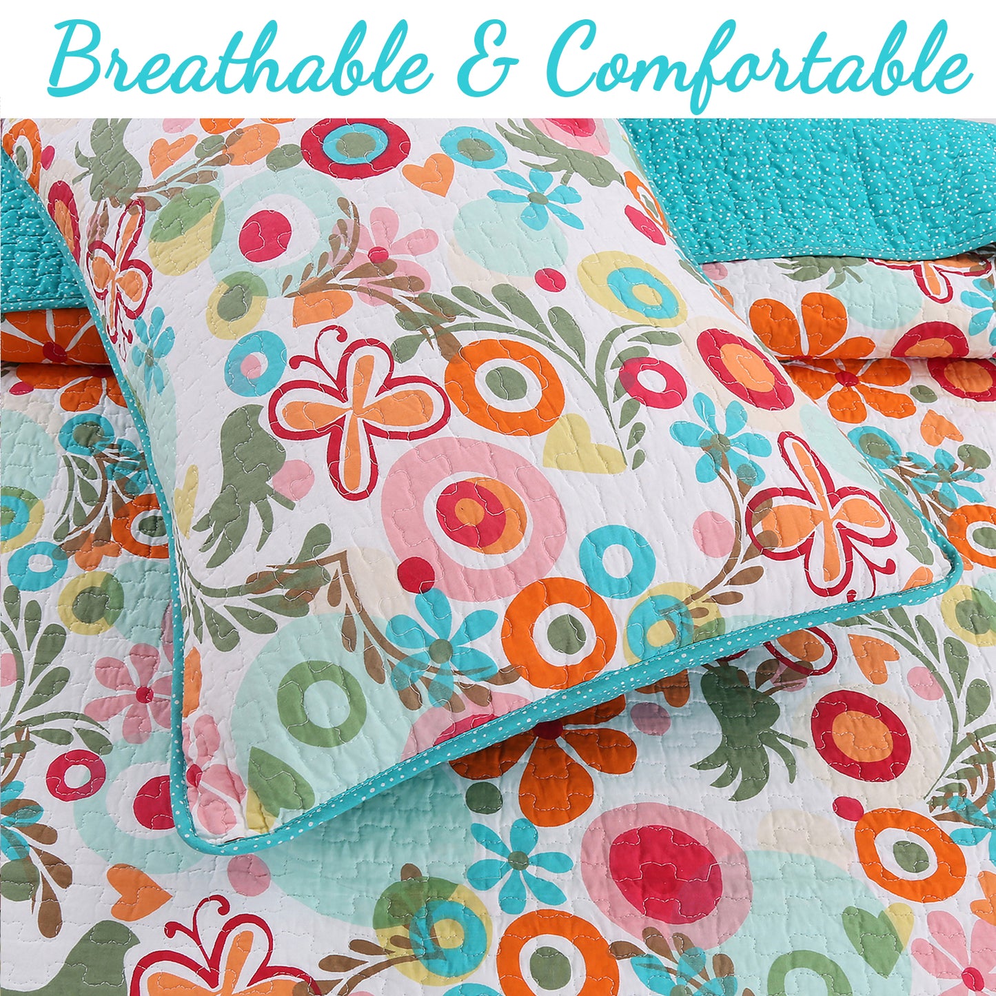 Floral Whimsy Colorful Cotton Reversible Quilt Bedding Set