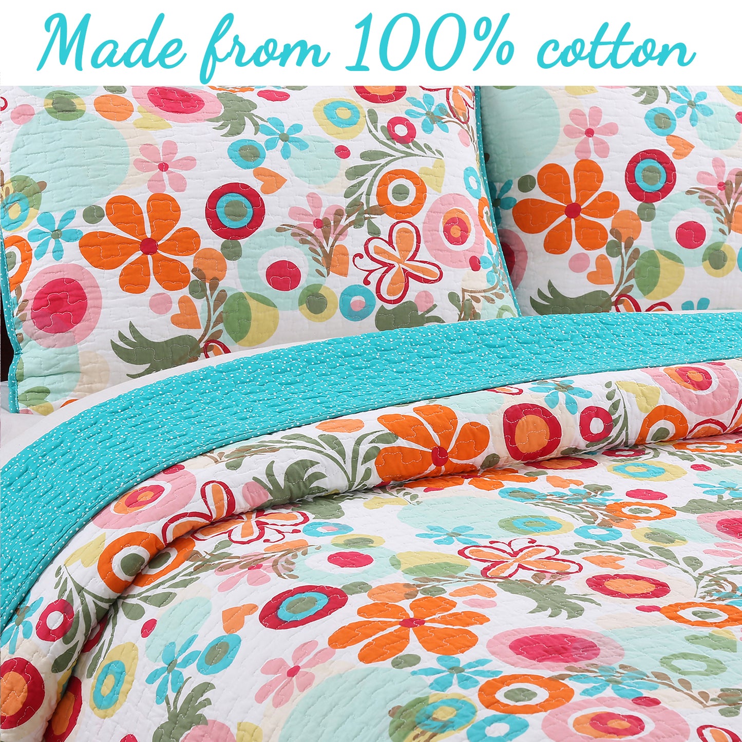Floral Whimsy Colorful Cotton Reversible Quilt Bedding Set