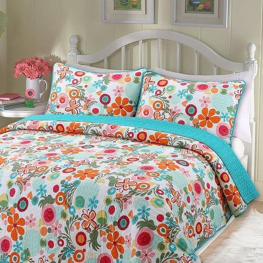 Floral Whimsy Colorful Cotton Reversible Quilt Bedding Set