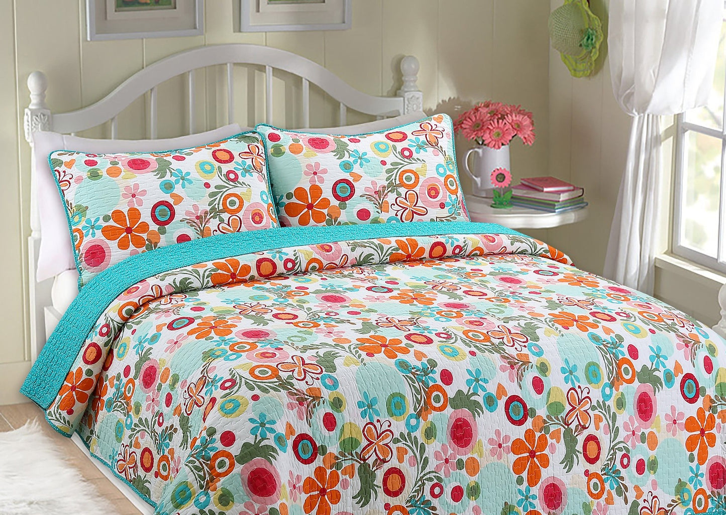 Floral Whimsy Colorful Cotton Reversible Quilt Bedding Set