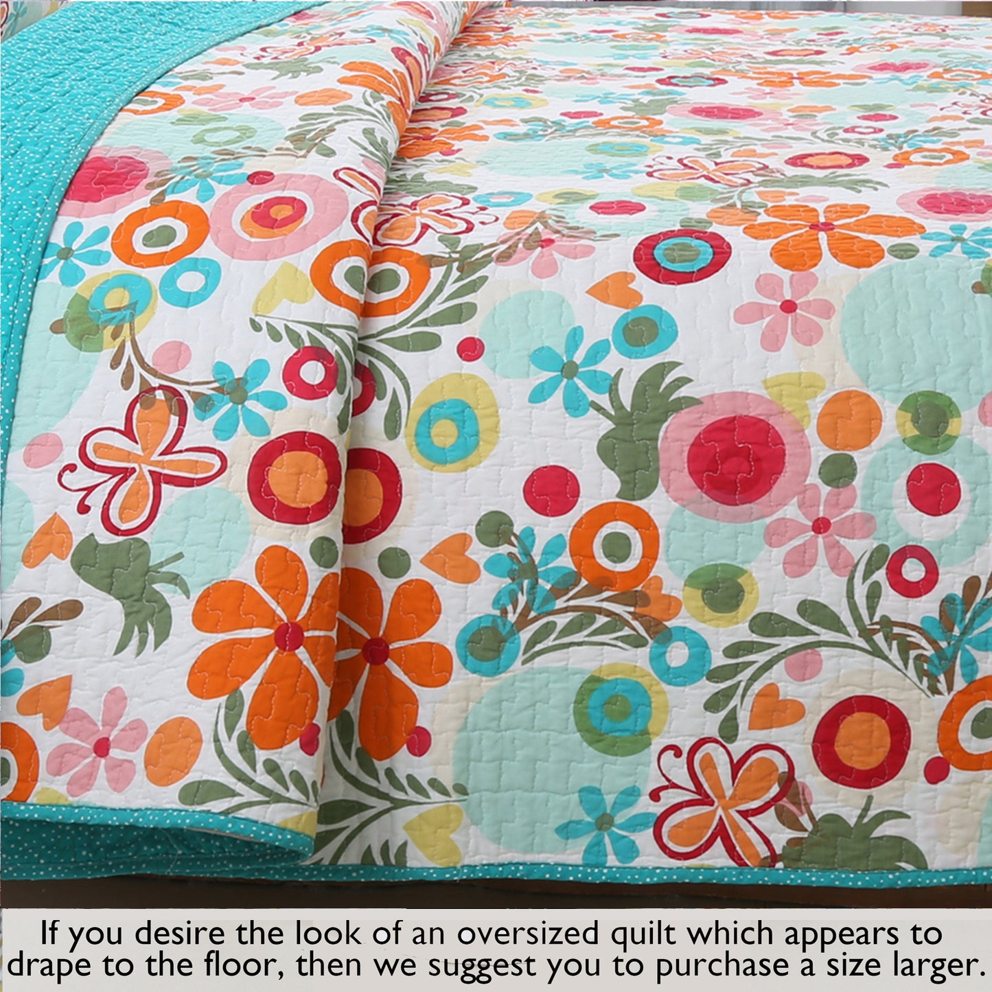 Floral Whimsy Colorful Cotton Reversible Quilt Bedding Set