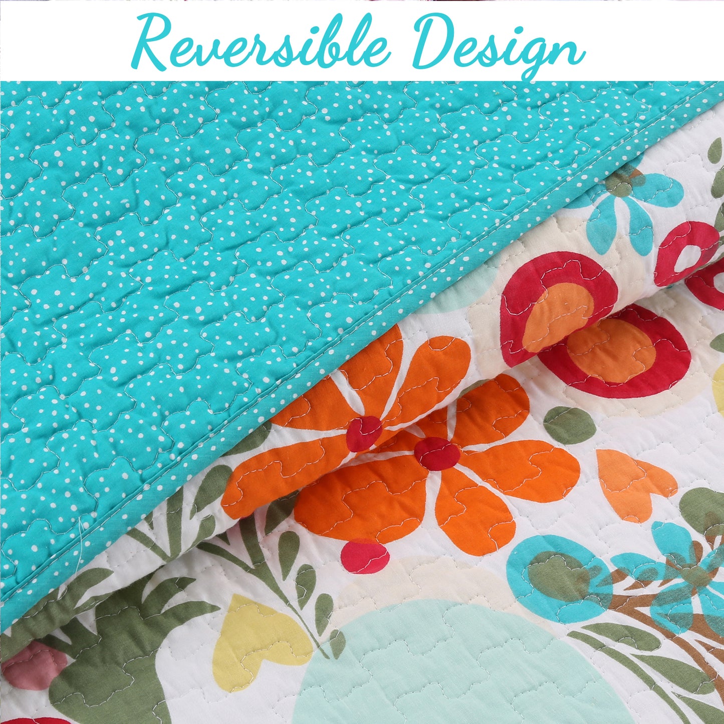 Floral Whimsy Colorful Cotton Reversible Quilt Bedding Set