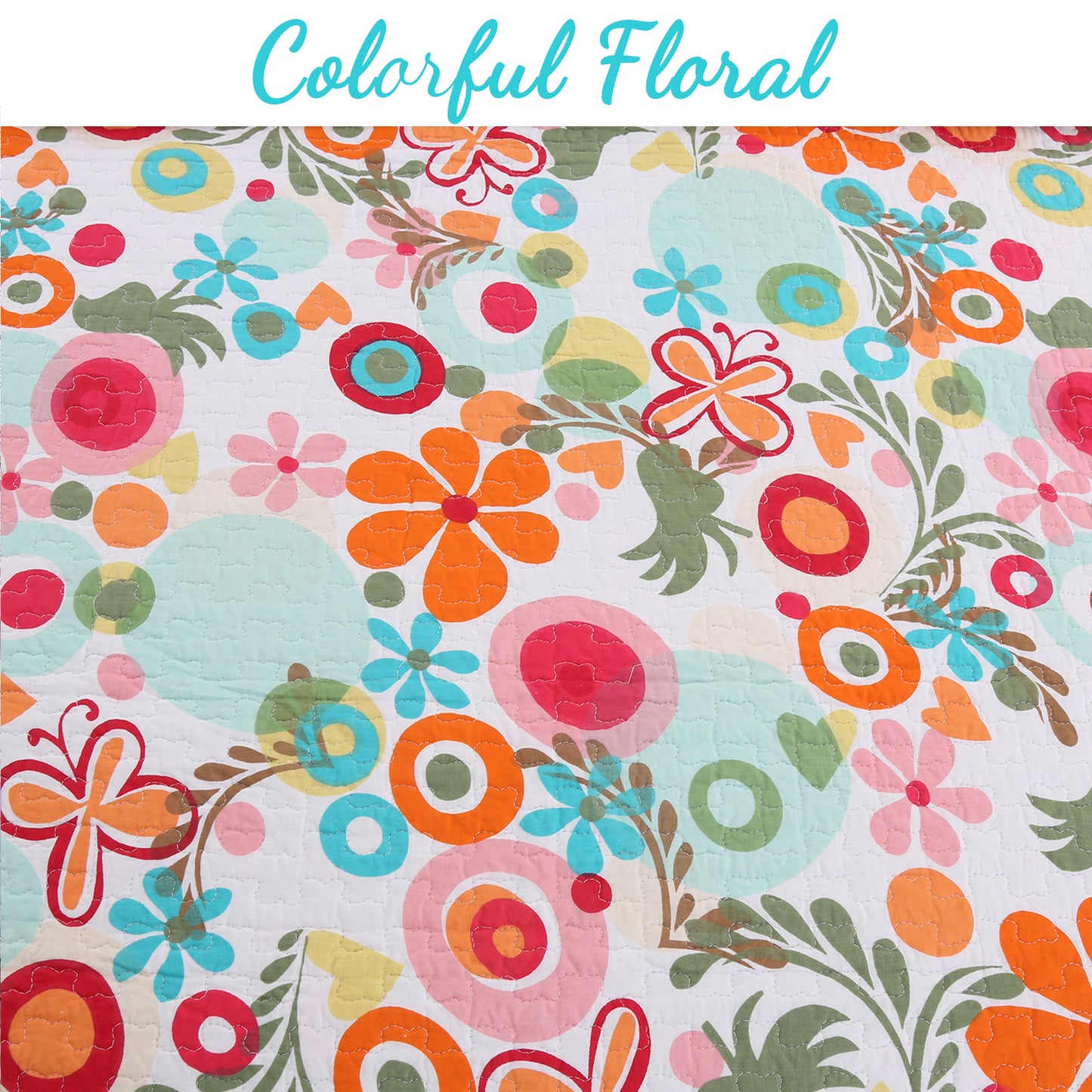 Floral Whimsy Colorful Cotton Reversible Quilt Bedding Set