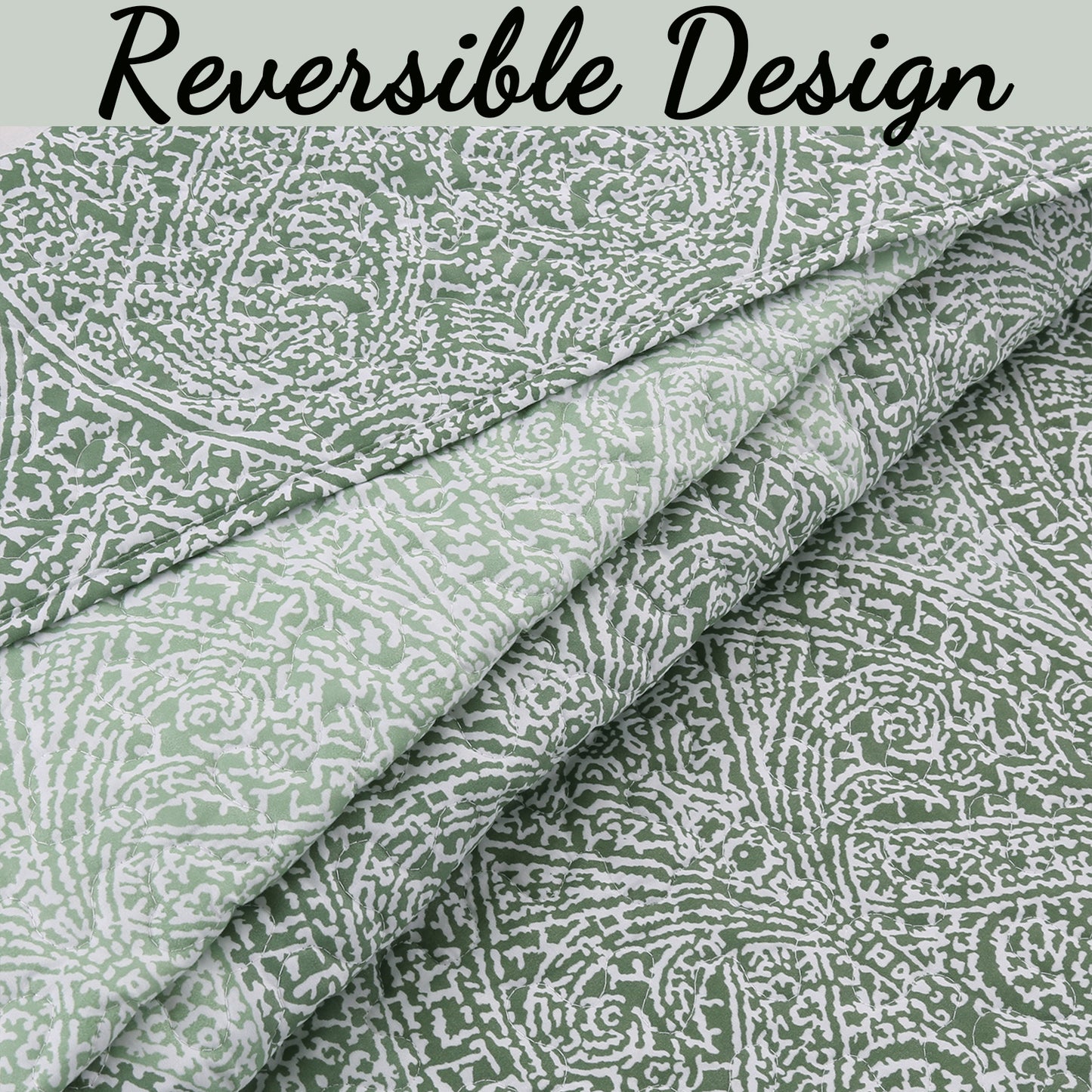 Ombre Leaf Sage Forest Green Medallion 3- Piece Reversible Quilt Bedding Set