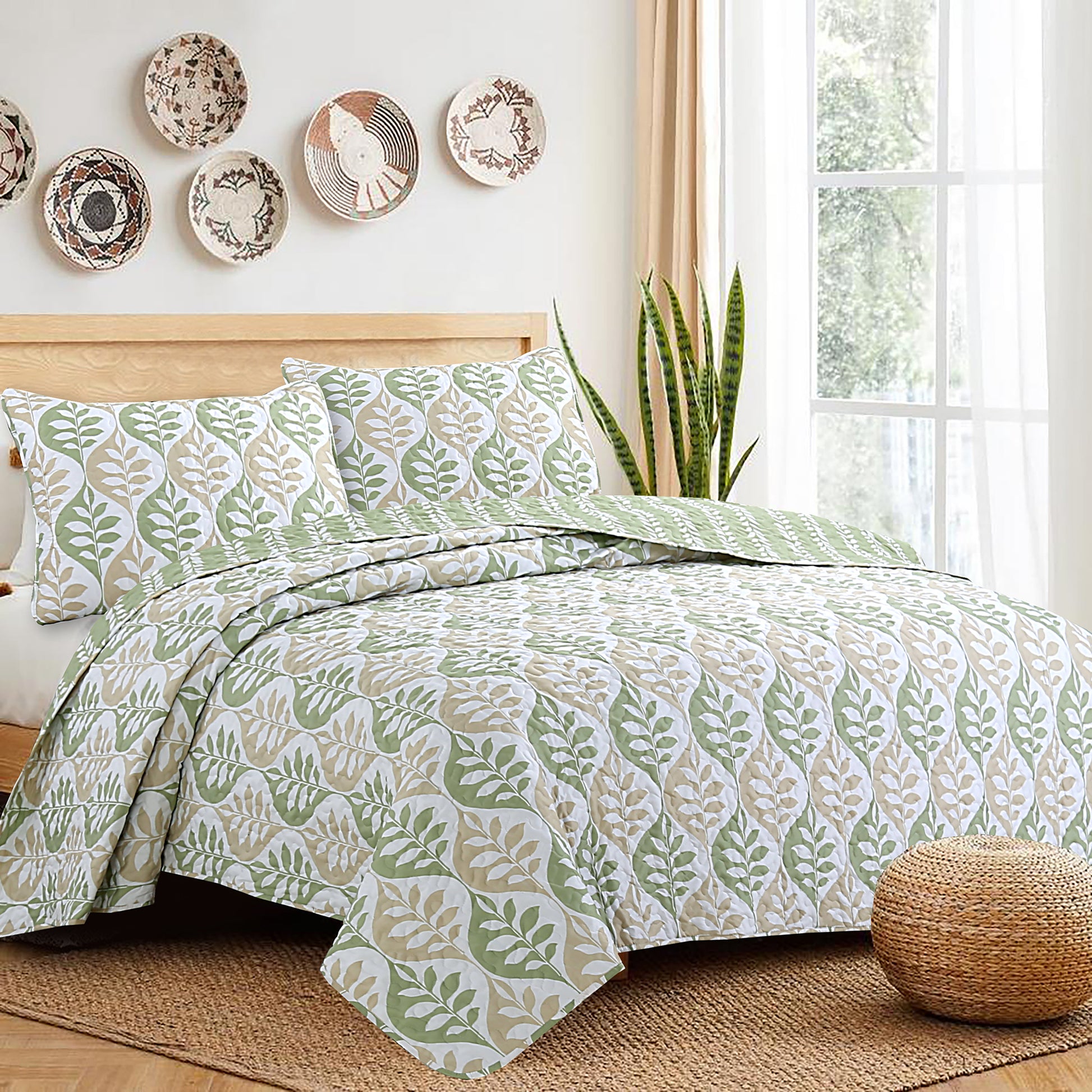 Ogee Stripe Leaf Green Beige 3- Piece Reversible Quilt Bedding Set – Cozy  Line Home Fashions
