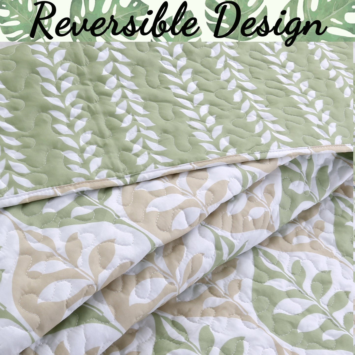 Ogee Stripe Leaf Green Beige 3- Piece Reversible Quilt Bedding Set