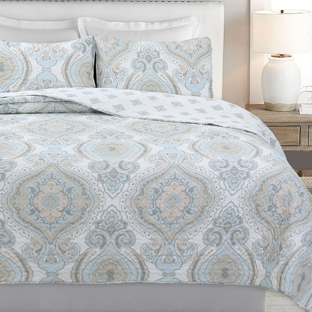 Modern Medallion Sky Blue Tan Gray Brocade 3-Piece Reversible Quilt Bedding Set