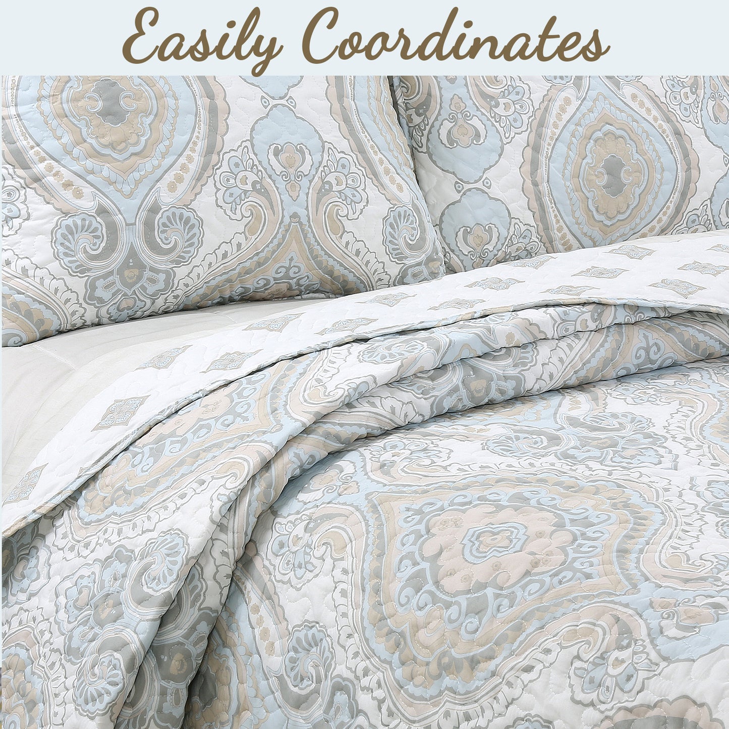 Modern Medallion Sky Blue Tan Gray Brocade 3-Piece Reversible Quilt Bedding Set