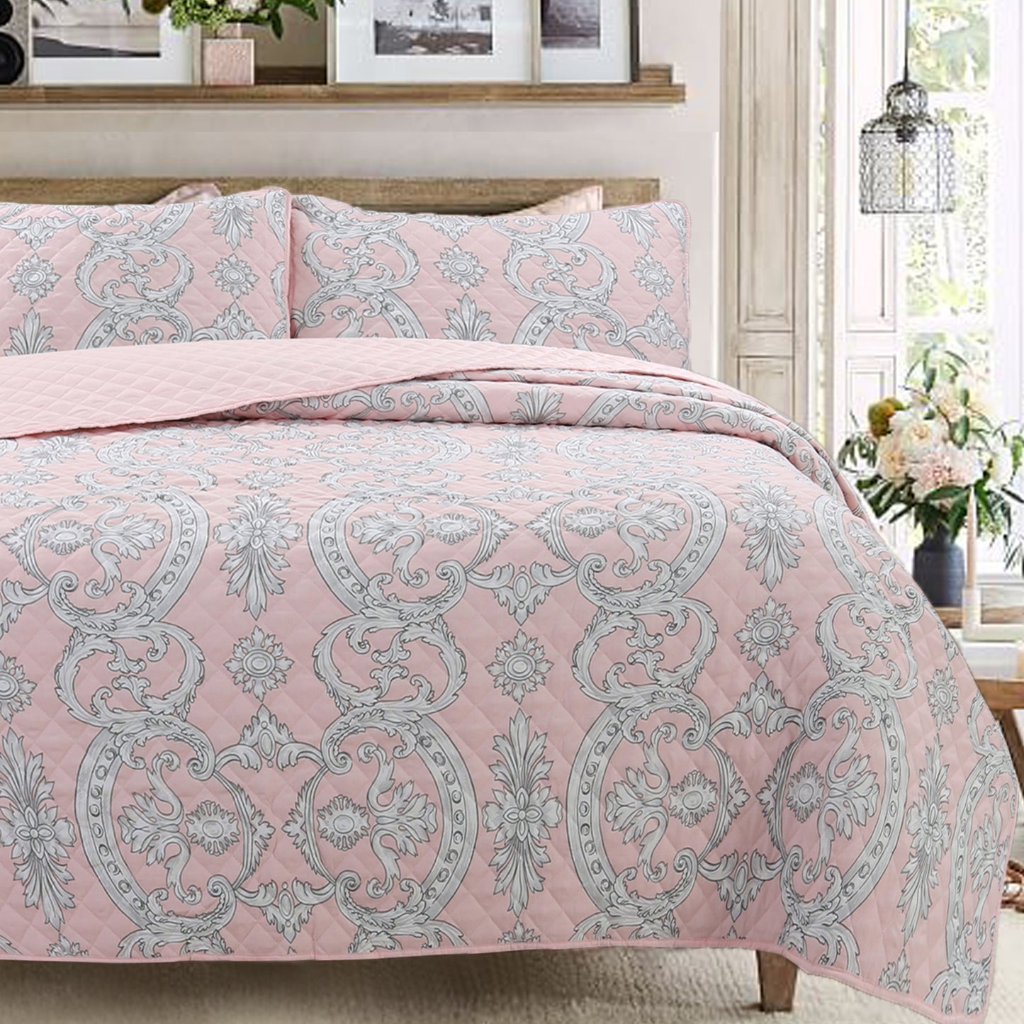Millennial Pink Floral Majesty Medallion Queen 3-Piece Reversible Quilt Bedding Set