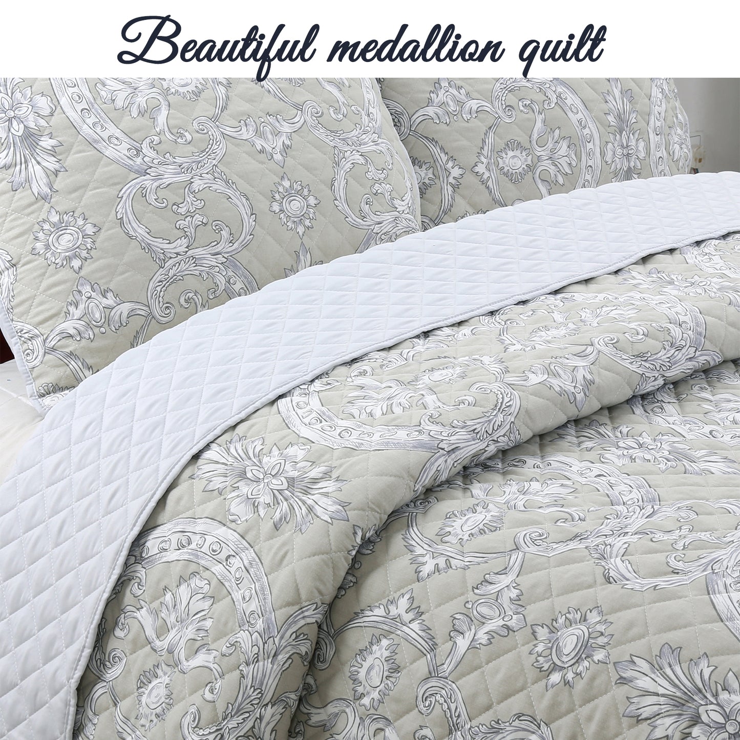 Gray Taupe Floral Majesty Medallion 3-Piece Reversible Quilt Bedding Set