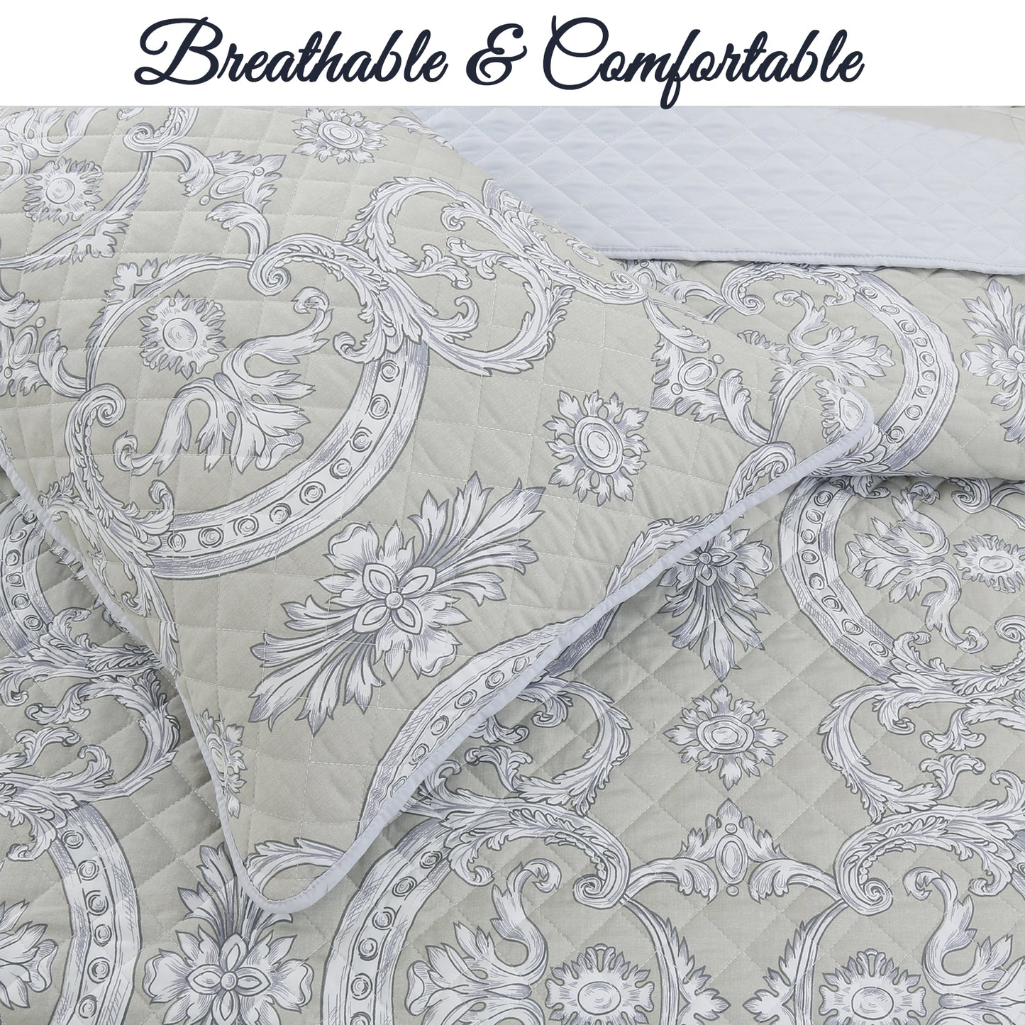 Gray Taupe Floral Majesty Medallion 3-Piece Reversible Quilt Bedding Set