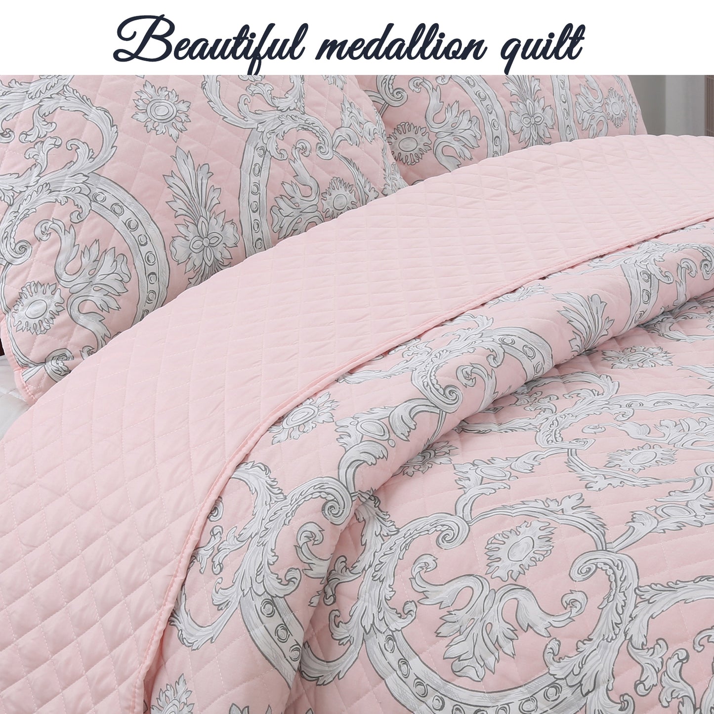 Millennial Pink Floral Majesty Medallion Queen 3-Piece Reversible Quilt Bedding Set