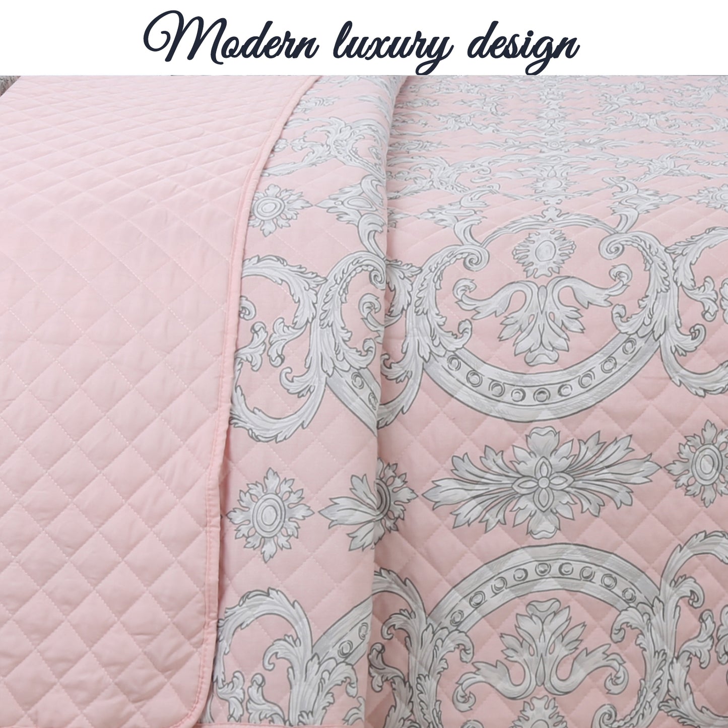 Millennial Pink Floral Majesty Medallion Queen 3-Piece Reversible Quilt Bedding Set