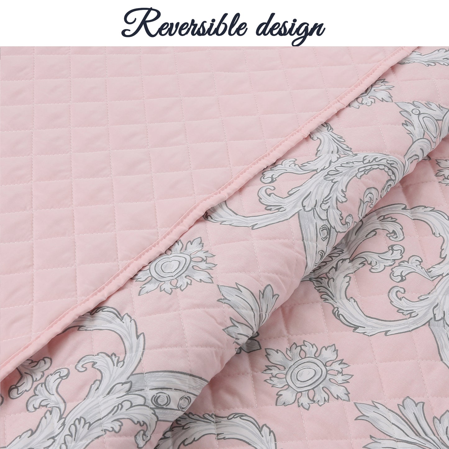 Millennial Pink Floral Majesty Medallion Queen 3-Piece Reversible Quilt Bedding Set