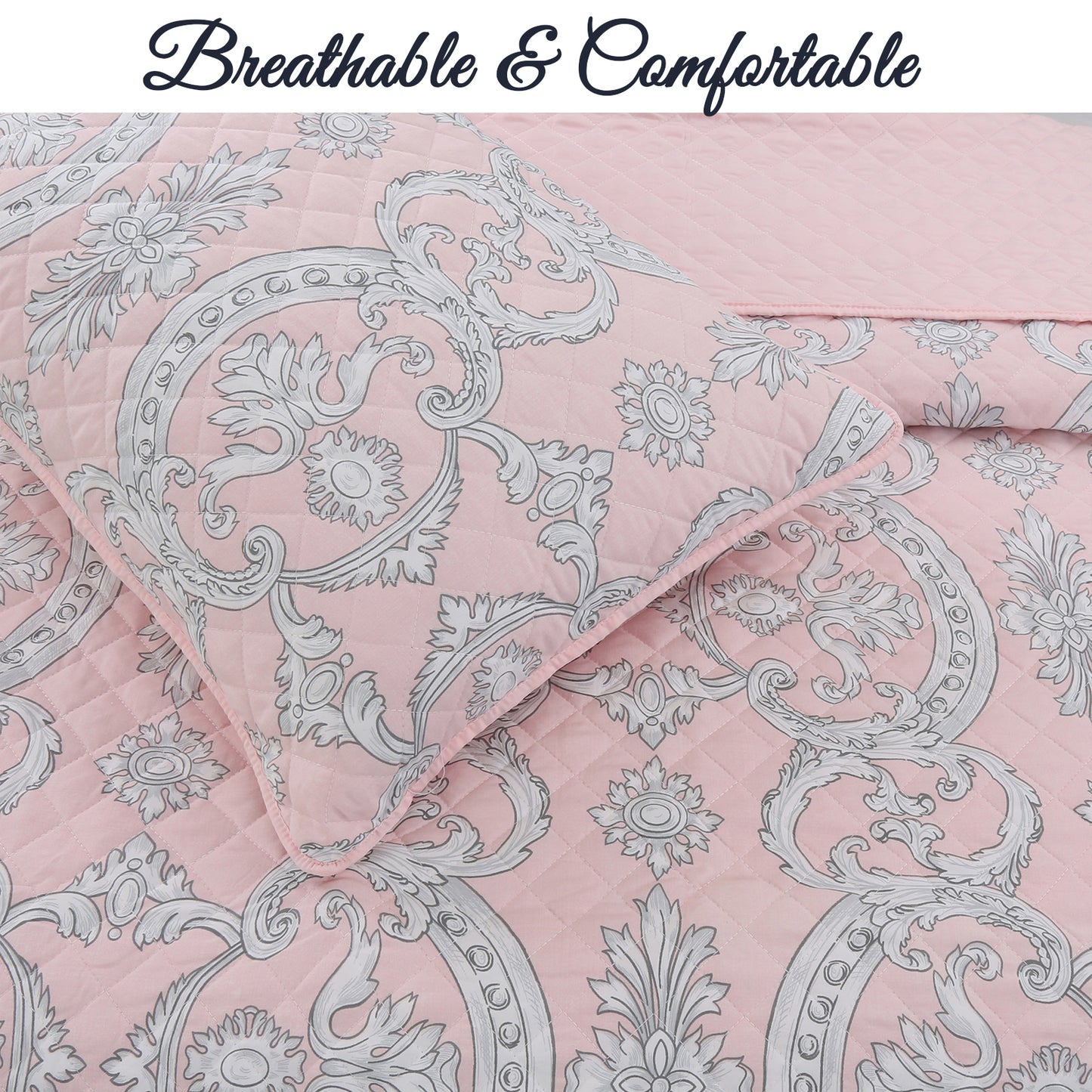 Millennial Pink Floral Majesty Medallion Queen 3-Piece Reversible Quilt Bedding Set
