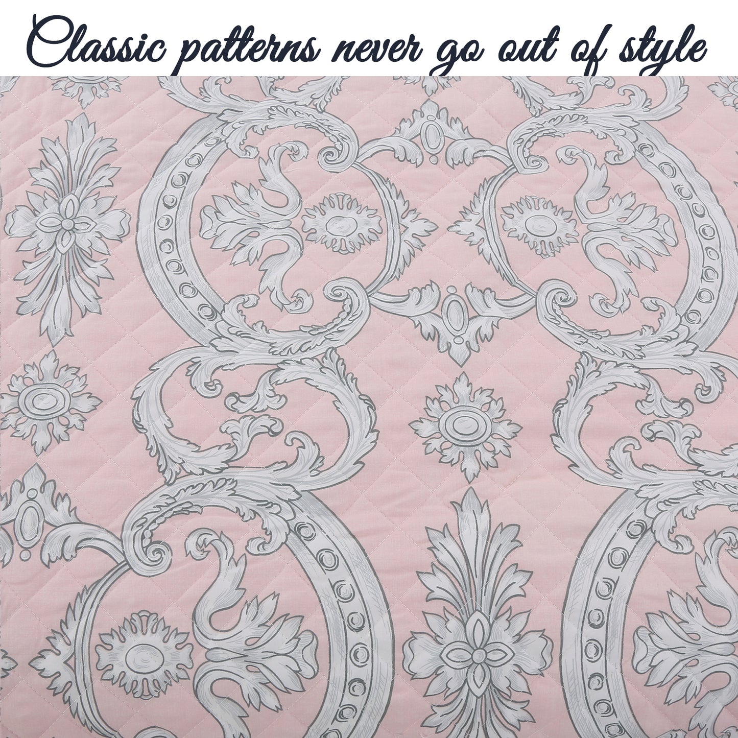 Millennial Pink Floral Majesty Medallion Queen 3-Piece Reversible Quilt Bedding Set