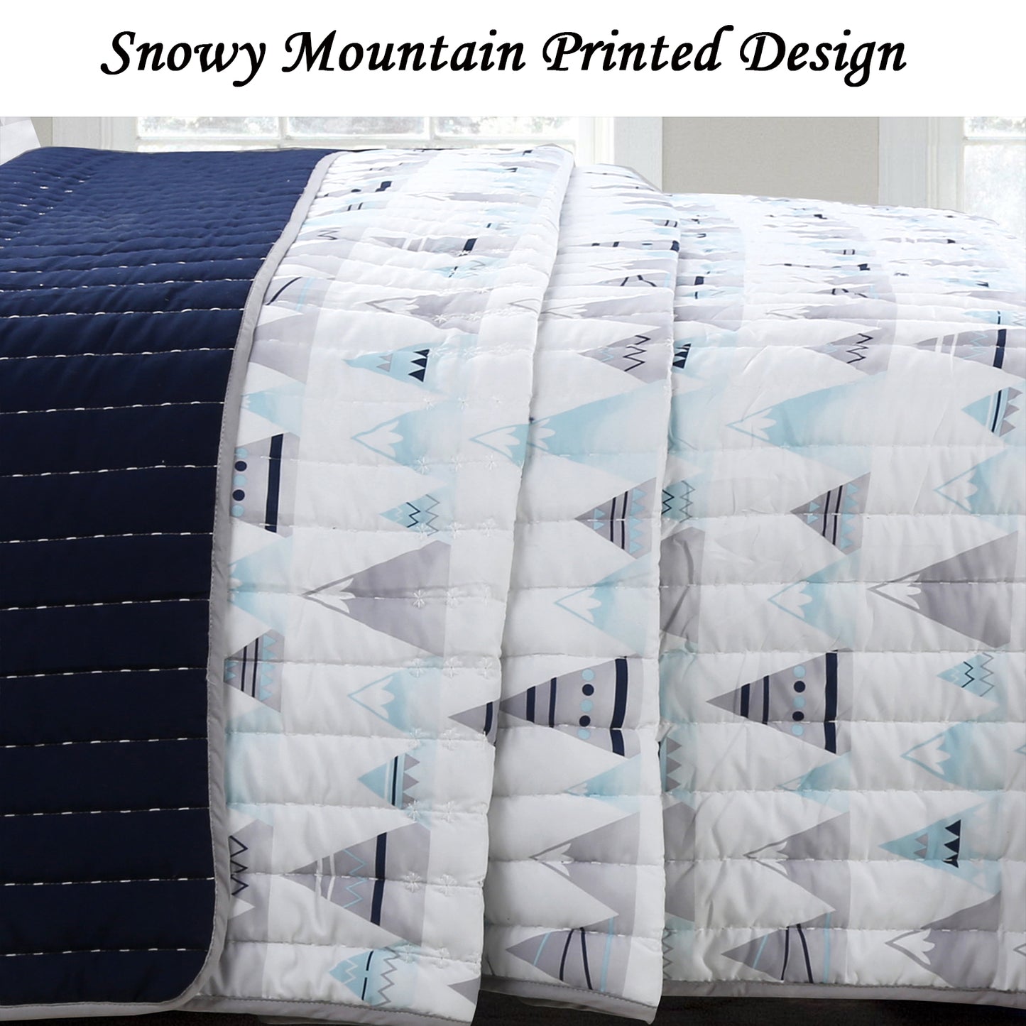 Summit Blues Snowy Alps Pike Winter Mountains Stripe Navy Blue Reversible Quilt Bedding Set