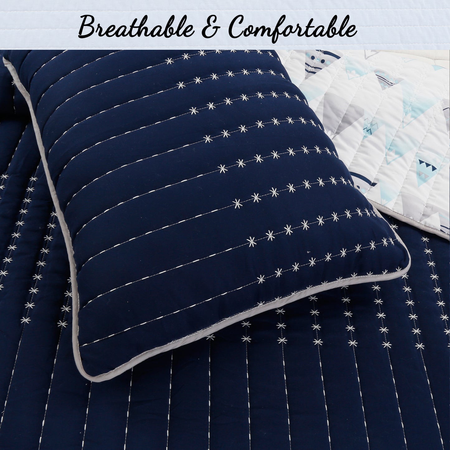 Summit Blues Snowy Alps Pike Winter Mountains Stripe Navy Blue Reversible Quilt Bedding Set
