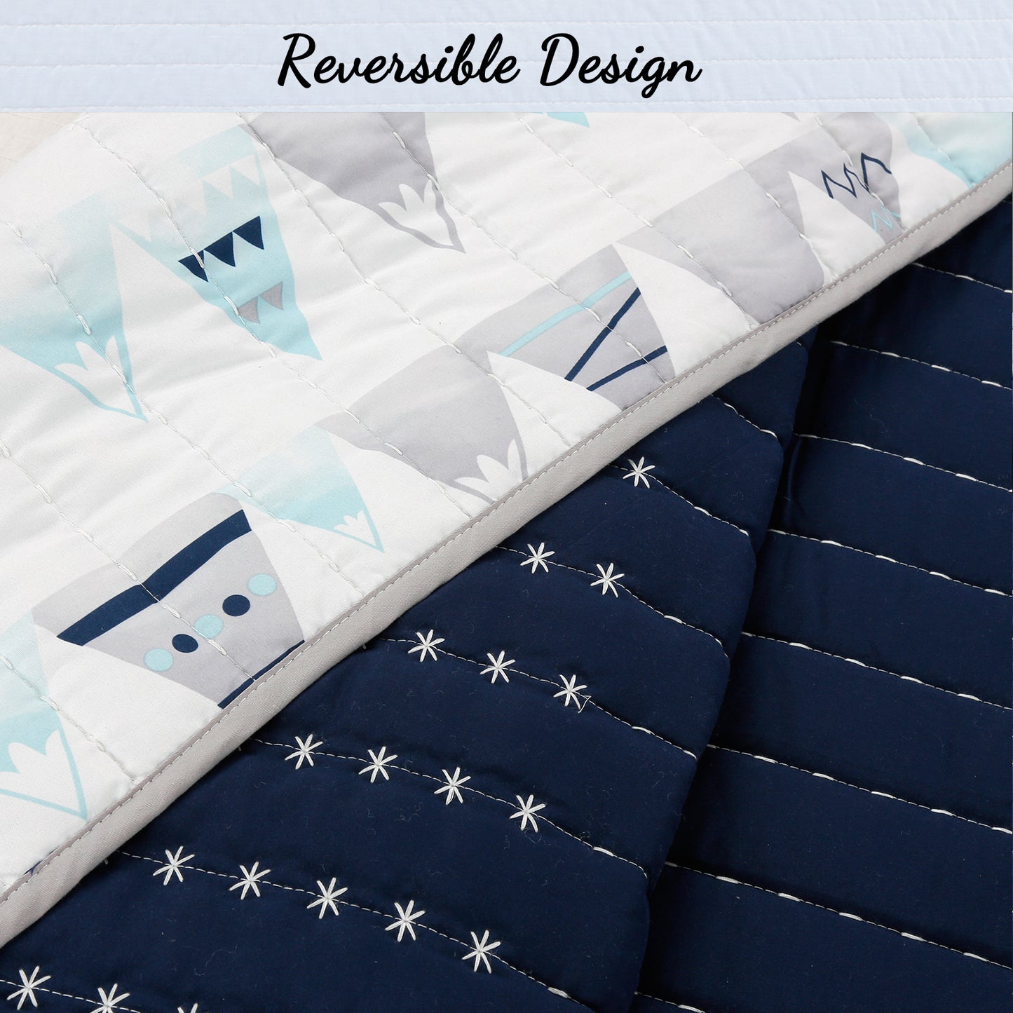 Summit Blues Snowy Alps Pike Winter Mountains Stripe Navy Blue Reversible Quilt Bedding Set