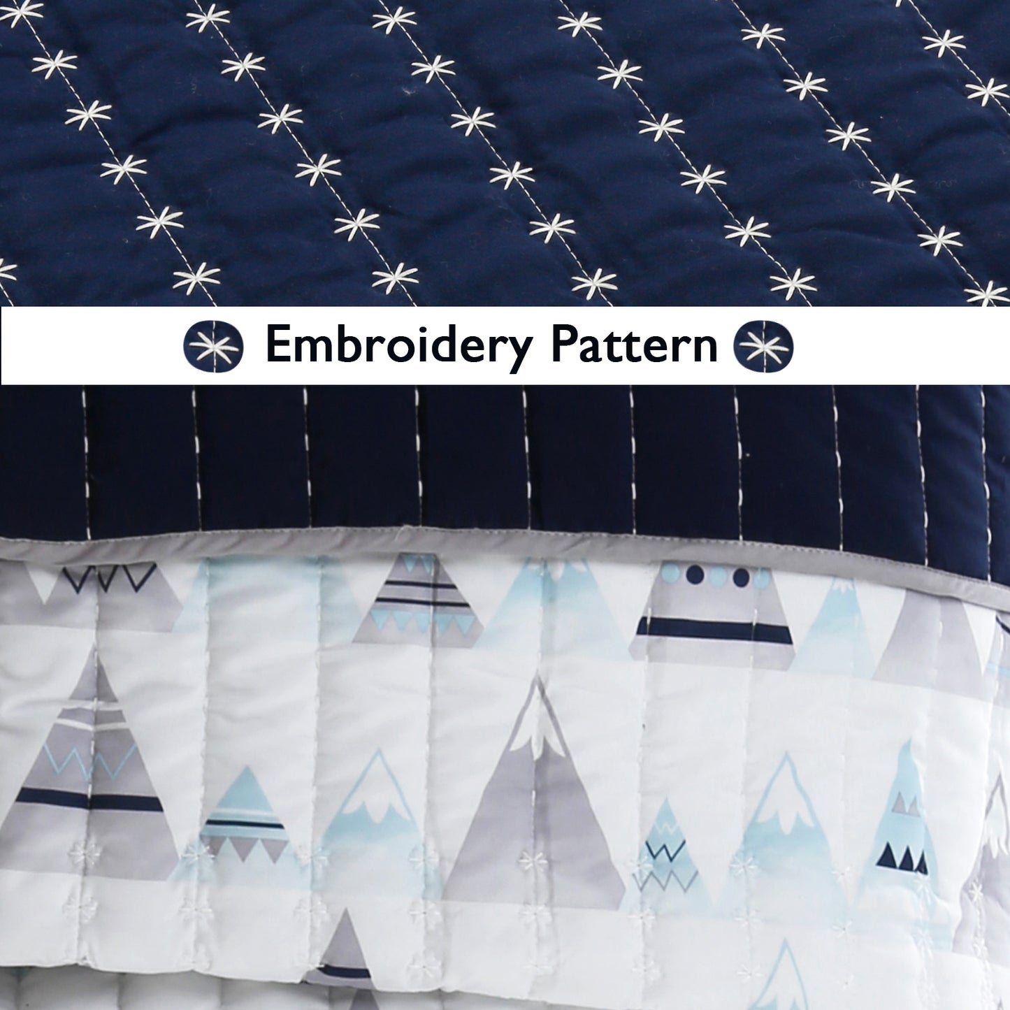 Summit Blues Snowy Alps Pike Winter Mountains Stripe Navy Blue Reversible Quilt Bedding Set