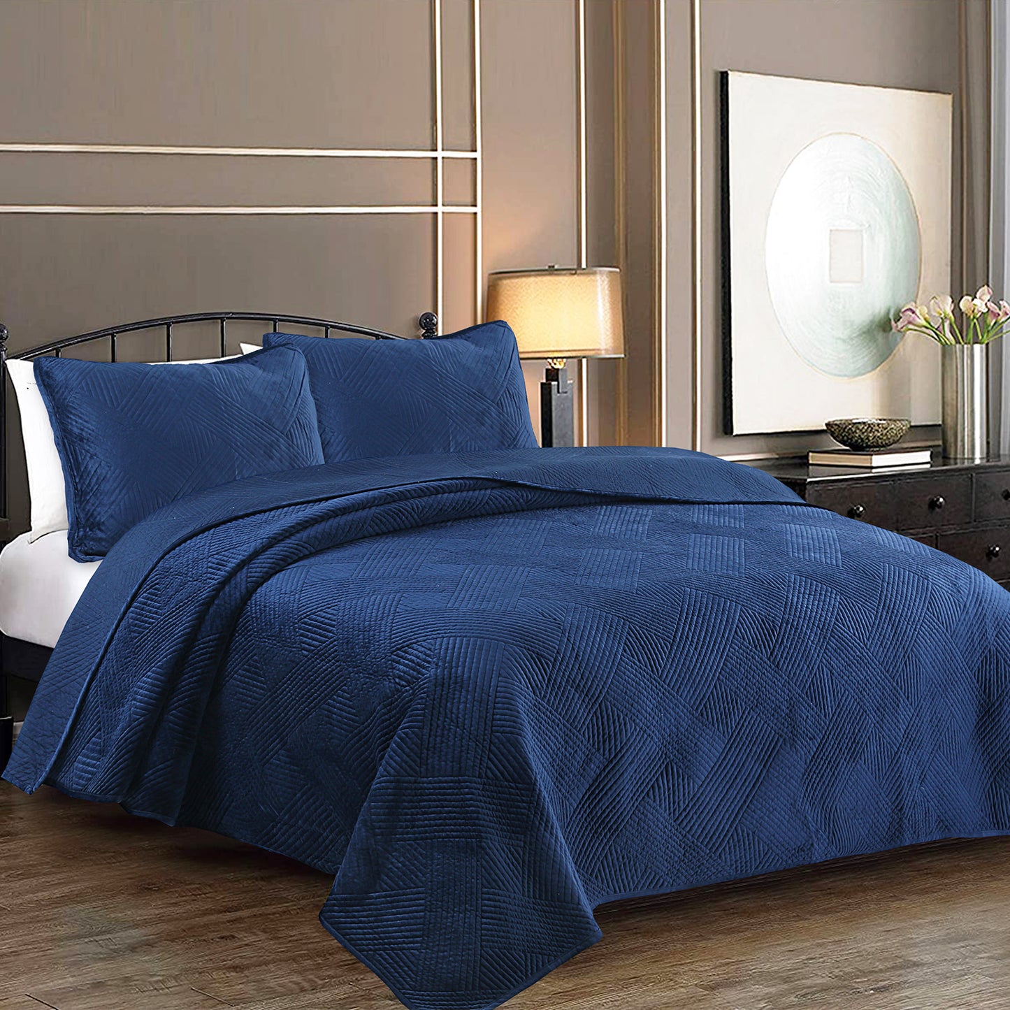Soft Velvet Basket Weave Stripe Solid Blue or Grey 3-Piece Reversible Quilt Bedding Set