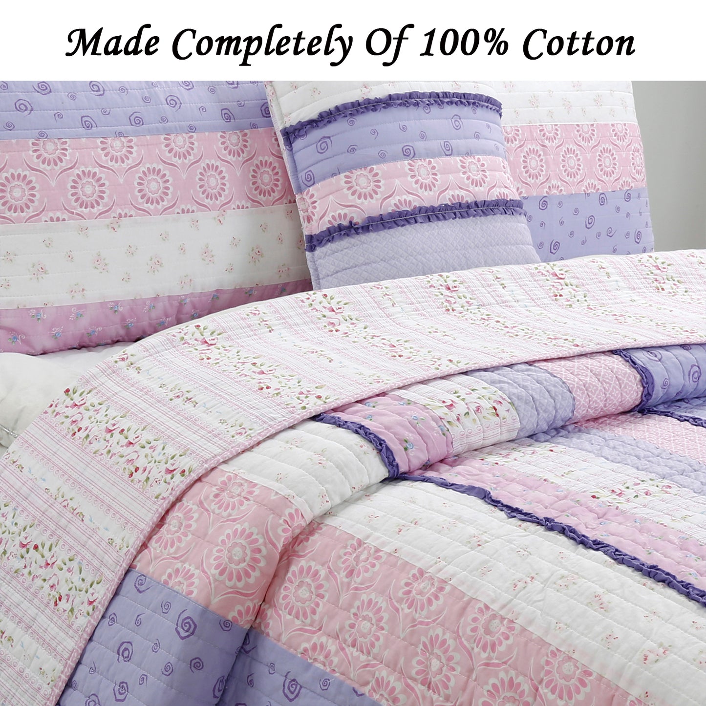 Fun Floral Ruffle Stripe Real Patchwork Pink Purple Cotton Reversible Quilt Bedding Set