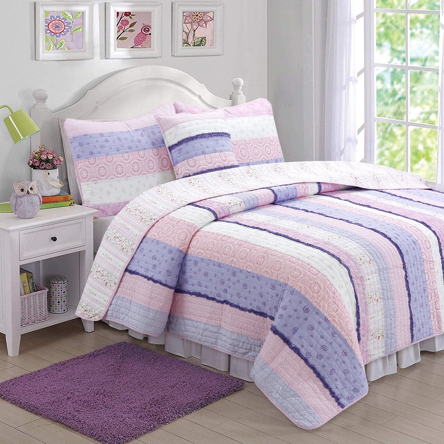 Fun Floral Ruffle Stripe Real Patchwork Pink Purple Cotton Reversible Quilt Bedding Set