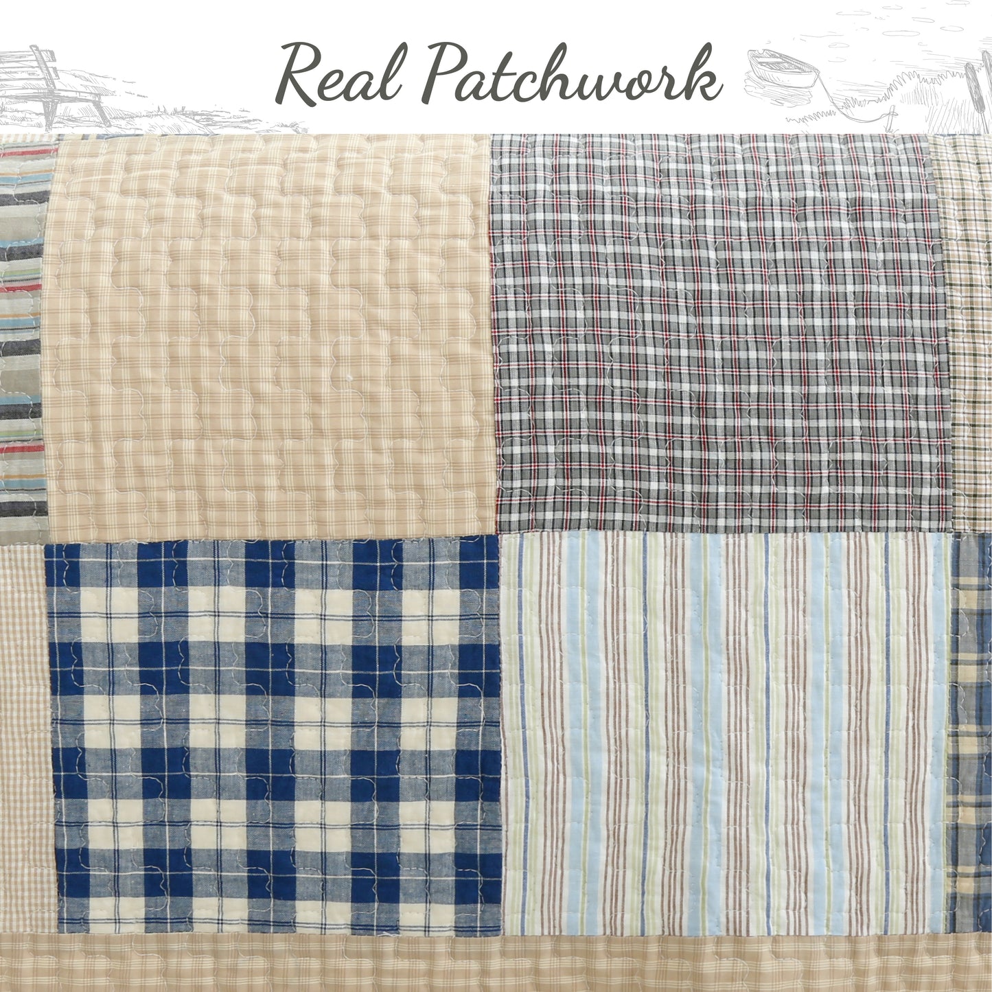 Tattersall Blue Tan Tartan Plaid Real Patchwork 3-Piece Reversible Quilt Bedding Set