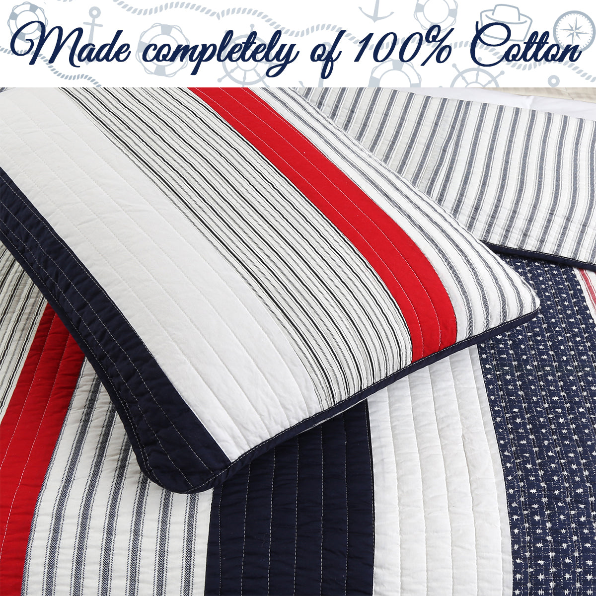 Liberty Patriotic Stripes Red Blue White Striped Real Patchwork Cotton Reversible Quilt Bedding Set