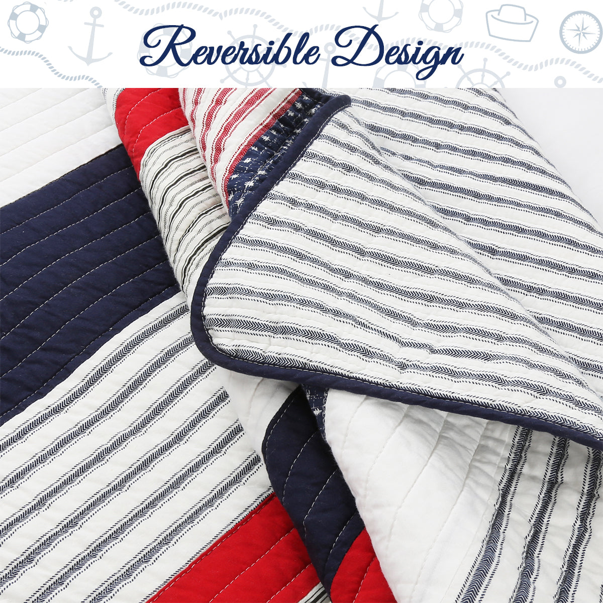 Liberty Patriotic Stripes Red Blue White Striped Real Patchwork Cotton Reversible Quilt Bedding Set