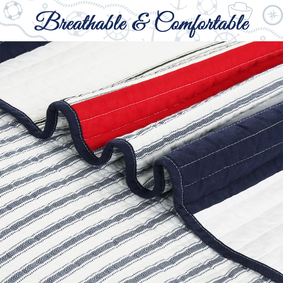 Liberty Patriotic Stripes Red Blue White Striped Real Patchwork Cotton Reversible Quilt Bedding Set