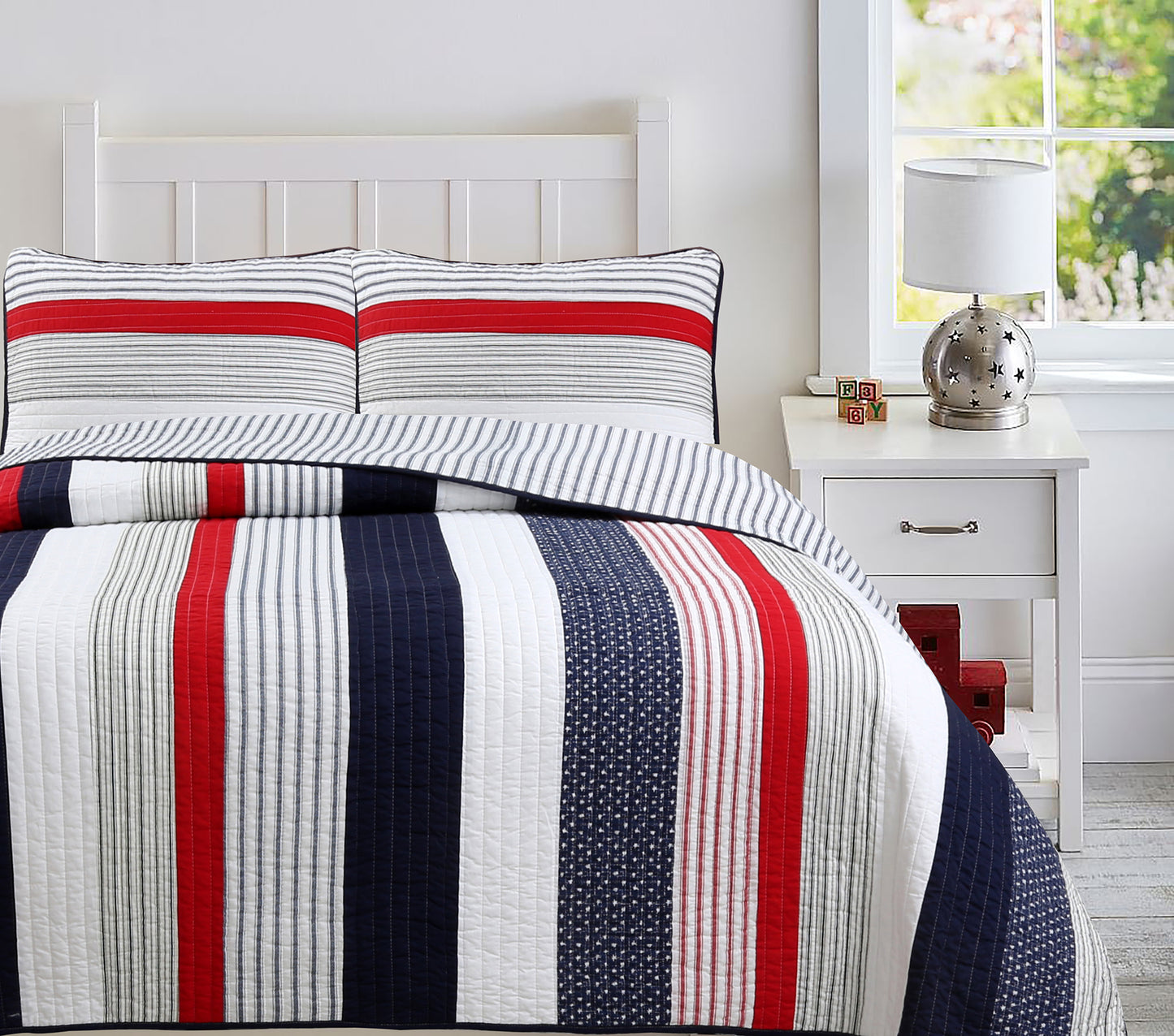 Liberty Patriotic Stripes Red Blue White Striped Real Patchwork Cotton Reversible Quilt Bedding Set