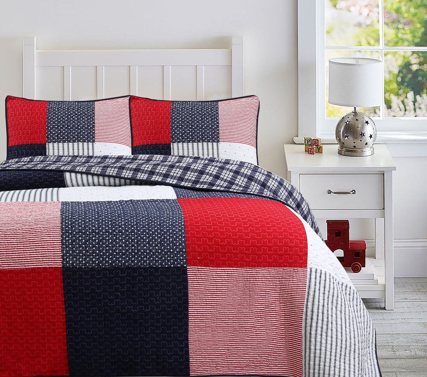 Patriotic Real Patchwork Plaid Red White Blue Cotton Reversible Quilt Bedding Set