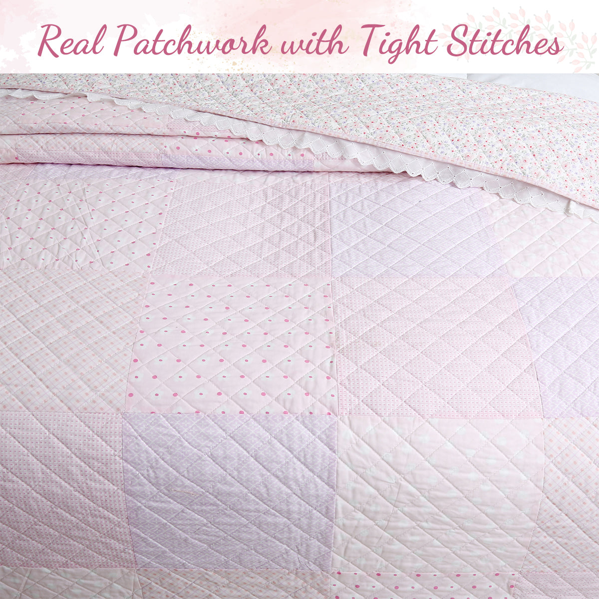 Precious Pink Floral Dot Ruffle Plaid Real Patchwork Cotton Reversible Quilt Bedding Set