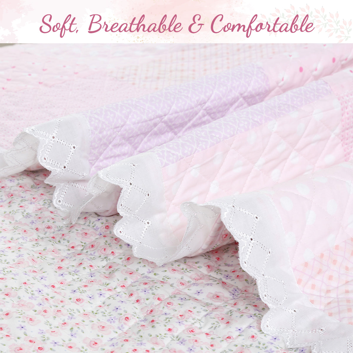 Precious Pink Floral Dot Ruffle Plaid Real Patchwork Cotton Reversible Quilt Bedding Set