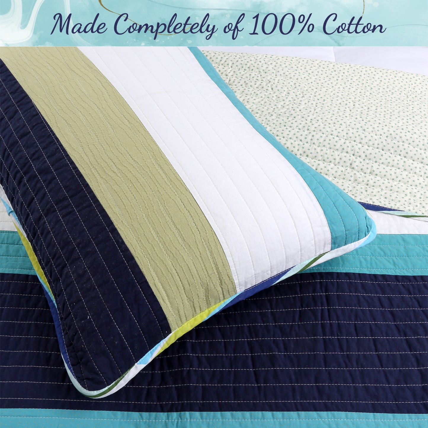 Aquamarine Striped Navy Blue Green Star Dot Cotton Reversible Quilt Bedding Set