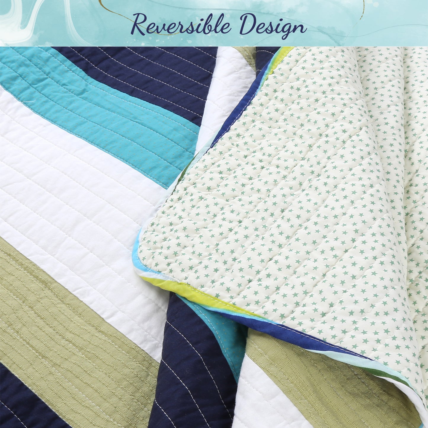 Aquamarine Striped Navy Blue Green Star Dot Cotton Reversible Quilt Bedding Set