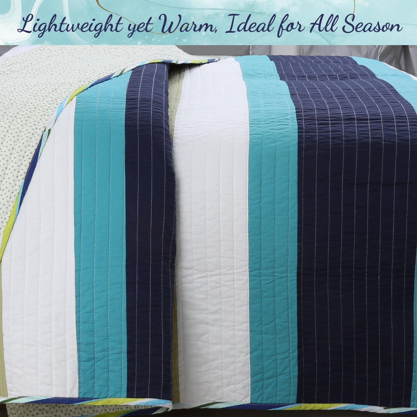 Aquamarine Striped Navy Blue Green Star Dot Cotton Reversible Quilt Bedding Set